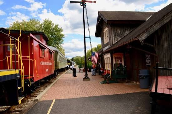 Caboose and depot at the Hocking Valley Scenic Railway in Nelsonville